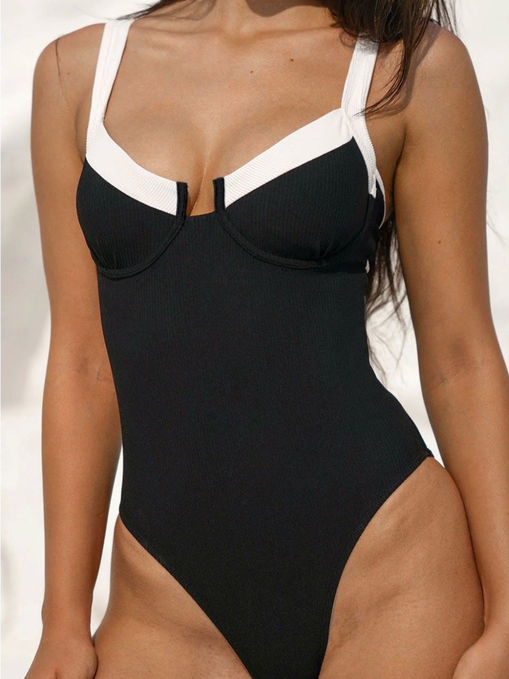 Sleek Black & White Underwire One-Piece Swimsuit-Medium